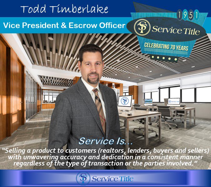 ServiceTitle's tweet photo. Meet Todd Timberlake, Vice President and Escrow Officer.

#TitleTuesday 
#EscrowOfficer 
#LifeLongCustomers
#Friends
#Family
#GivingMore
#Tradition 
#ServiceStrong
#Est1951
#VicePresident 
#Dedication
#Blessed
#LocallyOwnedAndOperated 
#Thankful 
#RealEstate
#FullServiceClosing https://t.co/hKXfTY1kP5