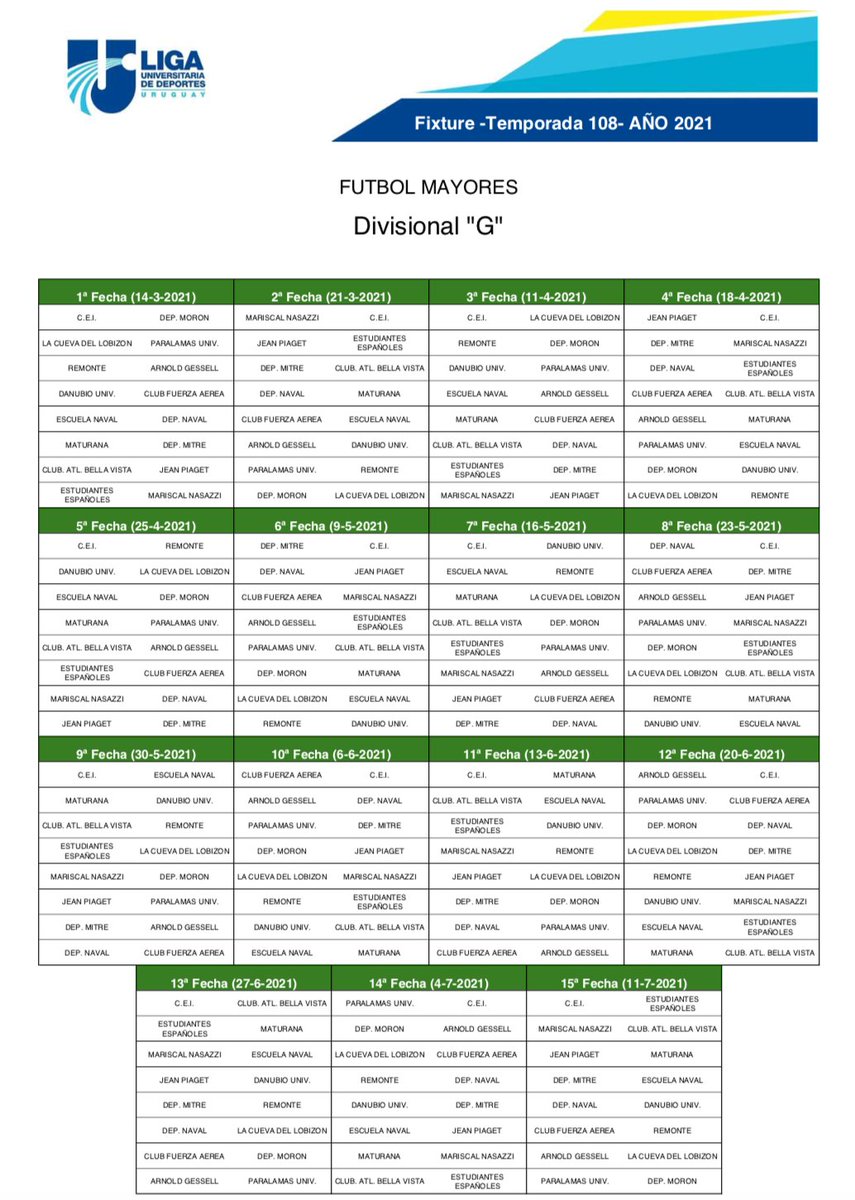 📅 Fixture 
⚽️ Div. G - Mayores

🆚 1a Fecha
@clubCEI - <a href="/u_moron/">Deportivo Moron U.</a> 
<a href="/CuevaLobizon/">La Cueva del Lobizón</a> - @ParalamasUniv 
@RemonteFC - Arnold Gessell
<a href="/DanubioUniv/">DanubioUniversitario</a> - <a href="/ClubFuerzaAerea/">Club Fuerza Aérea Universitario</a> 
Escuela Naval - Dep. Naval
<a href="/MaturanaU/">Maturana Universitario</a> - Dep. Mitre
<a href="/BellaVistaU/">Bella Vista Universitario</a> - <a href="/JPUoficial/">Jean Piaget Universitario</a> 
<a href="/EstudiantesEsp2/">Estudiantes Españoles</a> - <a href="/club_mariscal/">Mariscal Nasazzi</a>