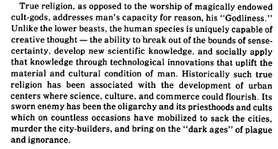 according to the book, true religion would be something like Hegelian dialectics or something idfk. this, and the prescriptions on how to handle the drug trade, are where you're reminded that this book was written by a fascist cult lol, I don't endorse it all