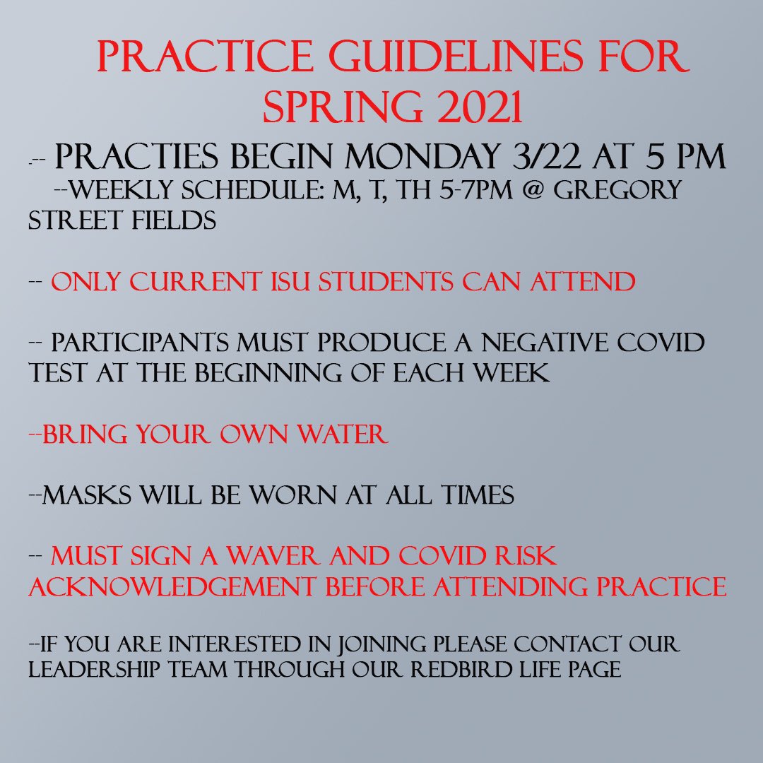 ISUQuidditch's tweet photo. Hello everyone! We are excited to announce that we are finally getting back to quidditch! Please see the image below for our practice guidelines and see you all soon! https://t.co/dQCCEx9RF4