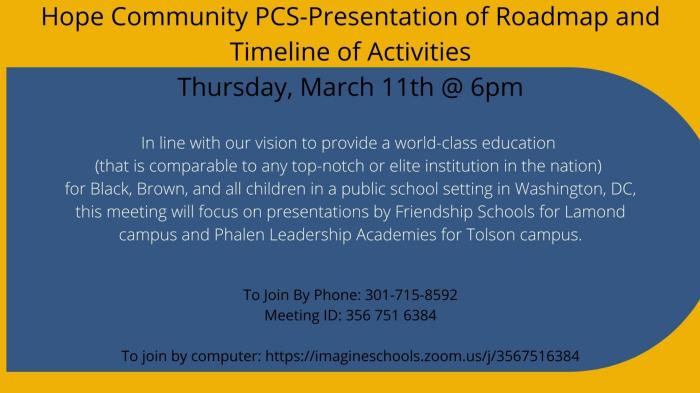HopeCommunityCS's tweet image. Hope Community PCS-Presentation of Roadmap and Timeline of Activities from 6:00 PM to 8:00 PM on 03/11/2021 in Virtual Meeting edne.tw/e3062862
