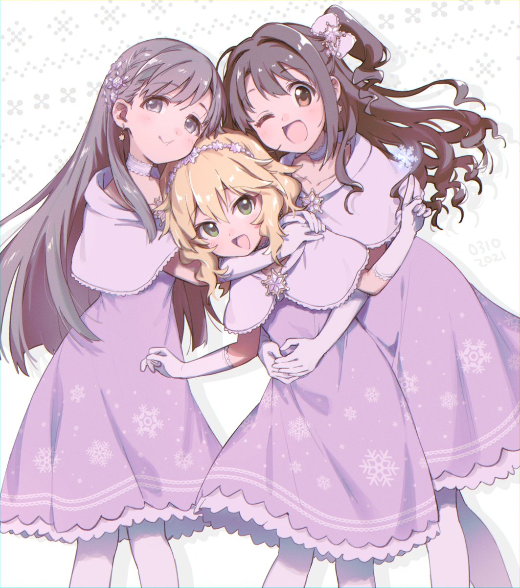 shimamura uzuki multiple girls 3girls blonde hair gloves one eye closed long hair smile  illustration images