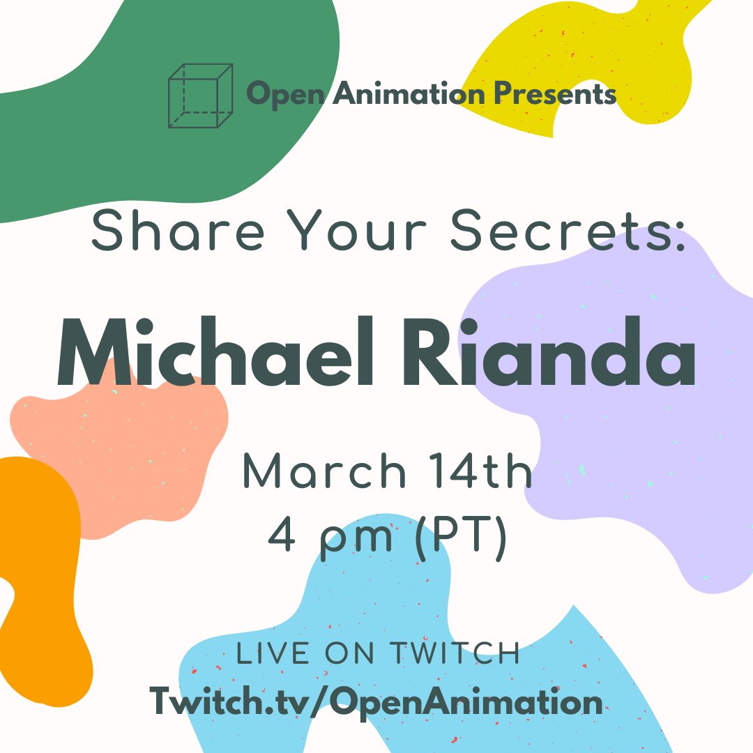 openanimation_'s tweet photo. 🎉We got another one for ya! Join us for Share Your Secrets with the one &amp; only @michaelrianda !!! It. Will. Be. Fuuuuunnnnn. 🎉 This Sunday 3/14 at 4 pm PT live on Twitch! https://t.co/aH3bOmrABR #openanimation #shareyoursecrets #animation #artistinterview https://t.co/yaNyTAeE2m