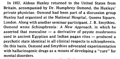 the narrative is strengthened, here, because Huxley really was one of the first to turn on to LSD, and he did traffic with people exploring the idea that these drugs harked back to Egyptian and Indian rites