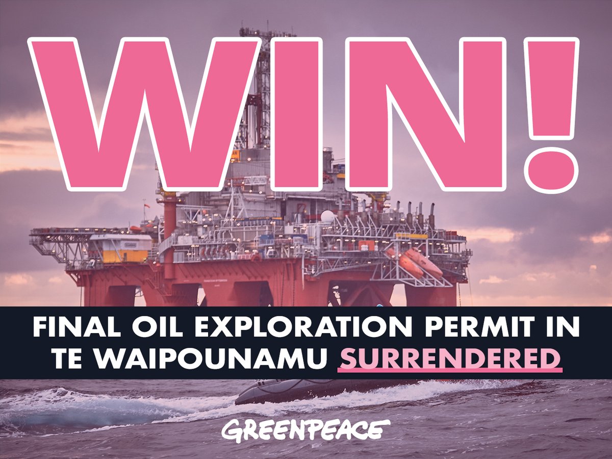 GreenpeaceNZ's tweet photo. This is HUGE.

Today, the last remaining oil exploration permit outside of Taranaki was surrendered.

That's a big win for people power, for our oceans and sea creatures, for the climate and for the future... https://t.co/45w6I7vRsg