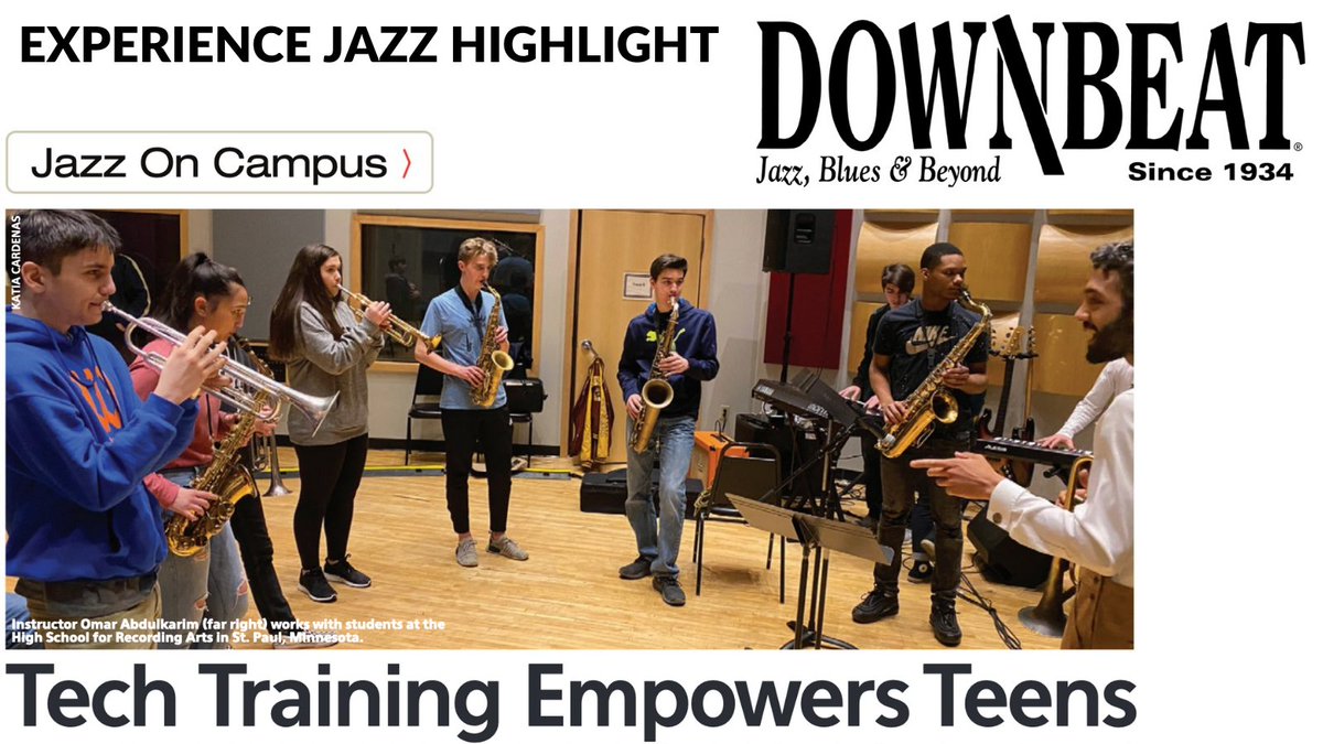 MNJazzEd's tweet photo. Thanks to @DownBeatMag  DownBeat Magazine featured Experience Jazz in their April Issue! Shout out our partners at @HSRA_MN, last years' staff &amp; student player @jerometreadwel2 for sharing your experience #youth #jazz #MusicEducation @katiasinging @rockthecause @tonyminnieapple https://t.co/VT3JRpUE4t
