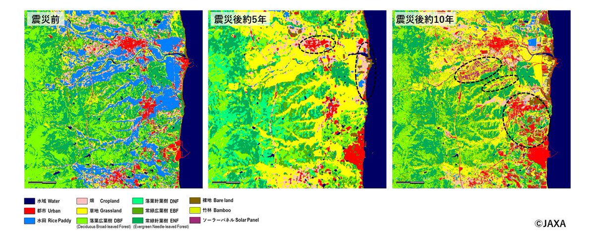 【記事公開②】
土地被覆の経年変化から見る復興・復旧の様子

宇宙から観測したデータを使用して算出した「震災前」、「震災後約5年」、「震災後約10年」の土地被覆分類図を同じエリアで比較、変化の様子を考察しました。

eorc.jaxa.jp/earthview/2021…

#地球が見える #震災10年
