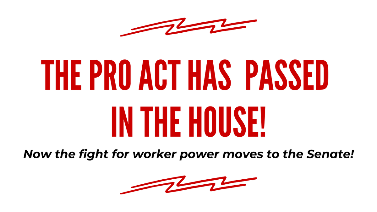 cwa_political's tweet photo. The #PROAct passed in the House! Now onto the Senate. Passing this bill means tilting the balance of power in this country away from CEOs/big corporations &amp; toward helping workers win the wages, benefits, &amp; working conditions we deserve. Stay tuned for details on how you can help https://t.co/v2zZxnovEv