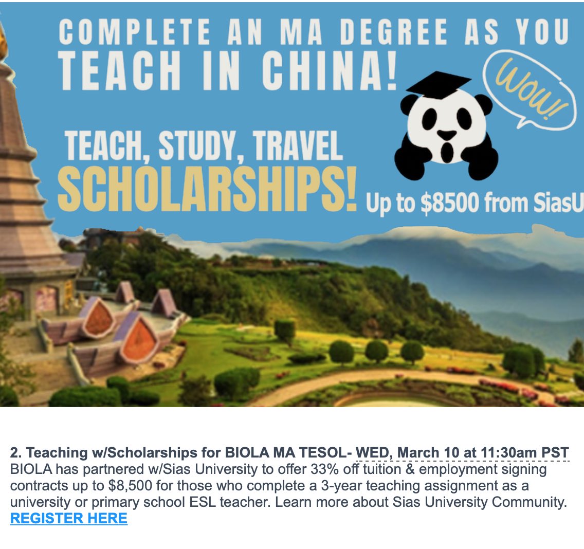 AcademicsInAsia's tweet photo. Join us Wednesday at 11:30am PST to hear about BIOLA MA TESOL program with scholarships https://t.co/b5rFnldPXm https://t.co/4mjJlikeyU