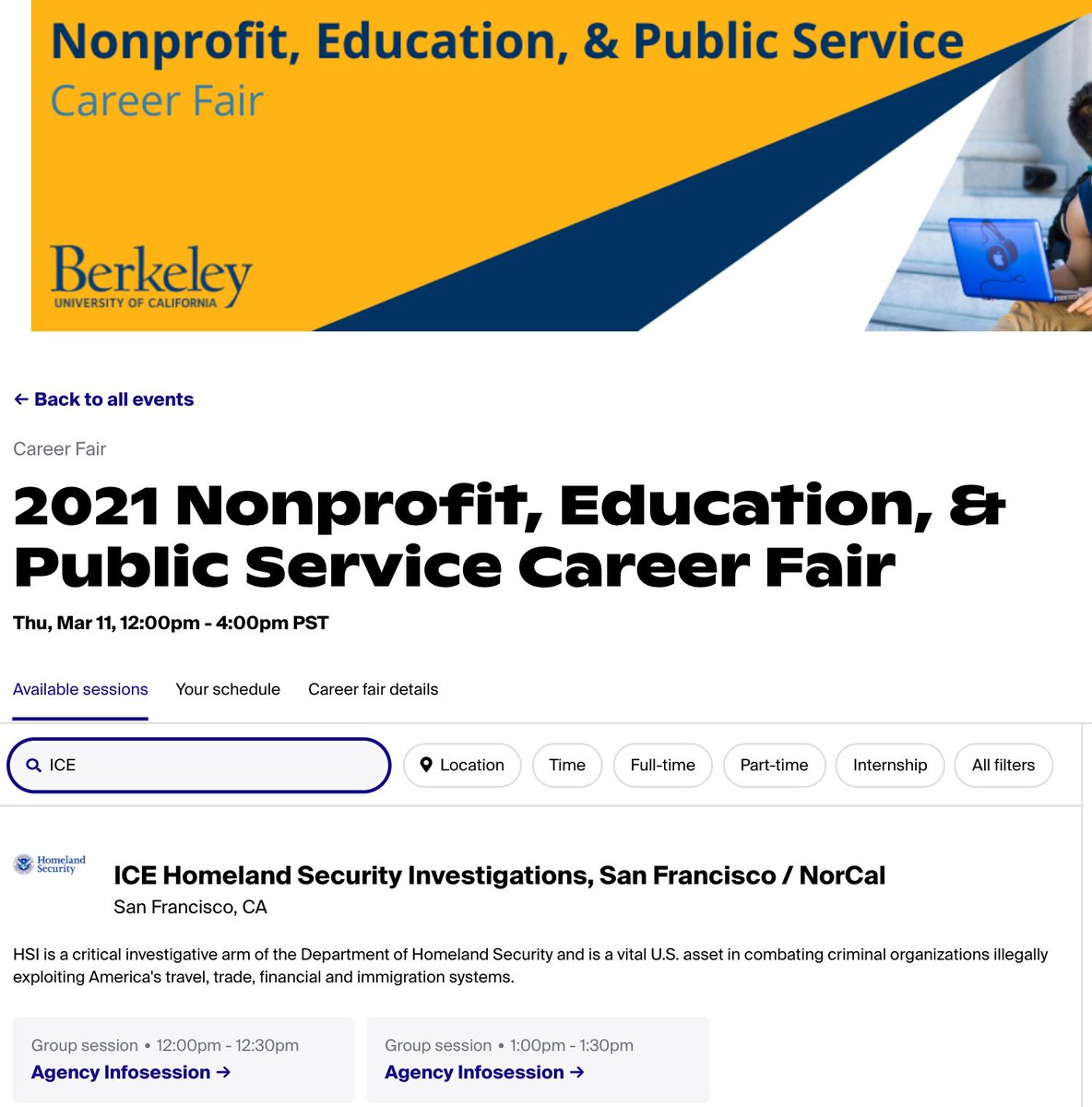 bearsagainstice's tweet photo. @UCBerkeley disinvite ICE immediately. You can't support undocumented students and train the next generation of DHS agents at the same time https://t.co/3BATNfXa6n