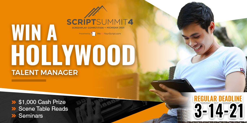 ScriptSummit's tweet photo. Regular Deadline tomorrow!!  Submit scripts now -- Cash prize, awards and management contract up for grabs! #ScriptSummit #SubmitYourScript #screenwriting #Screenwriters https://t.co/sVBjdjYk9C