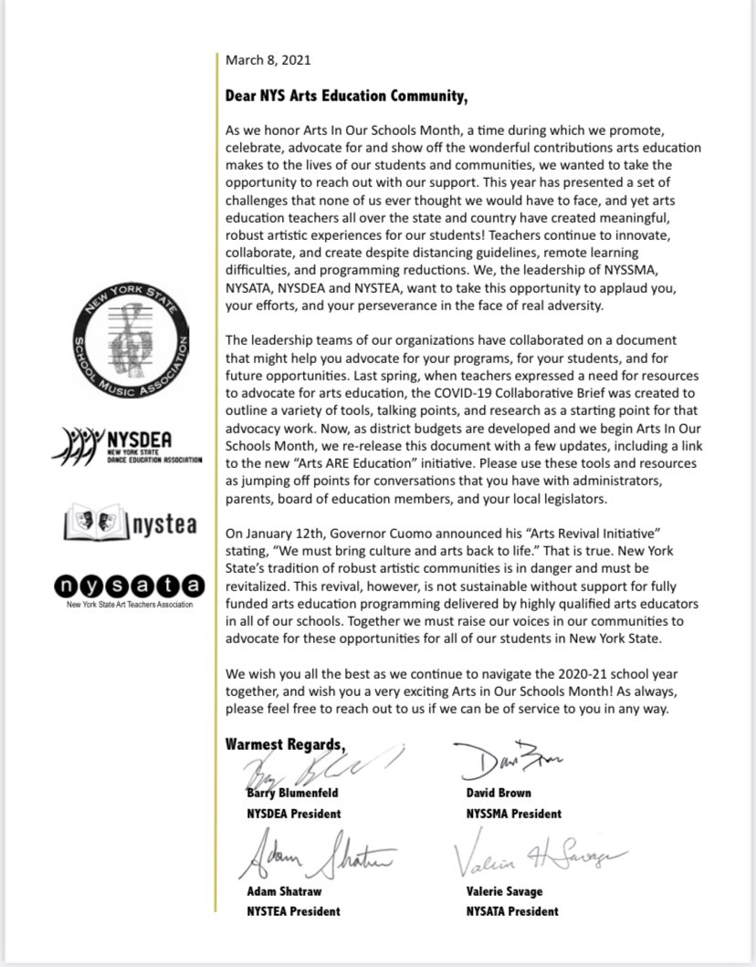 NYSSMA (@nyssma_official) on Twitter photo <a href="/NYSSMAPresident/">Mr. Russ Faunce</a> joined with presidents of other major #ArtsEd organizations to create this Arts Association Advocacy Brief updated from original in fall, 2020. <a href="/officialNYSTEA/">NYSTEA</a> <a href="/nysARTeach/">NYSATA</a> <a href="/NYSDEA/">New York State Dance Education Association</a> <a href="/NYSSMAPresident/">Mr. Russ Faunce</a> joined with presidents of other major #ArtsEd organizations to create this Arts Association Advocacy Brief updated from original in fall, 2020. <a href="/officialNYSTEA/">NYSTEA</a> <a href="/nysARTeach/">NYSATA</a> <a href="/NYSDEA/">New York State Dance Education Association</a>