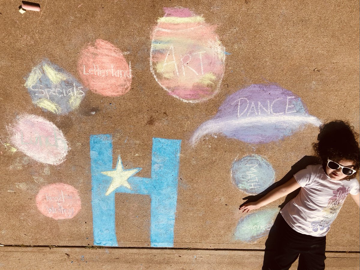 hunter_pta's tweet photo. Hunter duo #chalkstars
An alumni (parent! attended in 1980s) and her second grader share their Hunter solar system. Each planet is one of their favorite Hunter things! What's yours? (We personally love that star with the sunglasses on the right!) https://t.co/ppD0FHzyBP