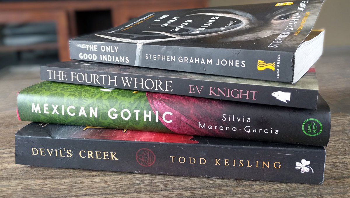 Catching up this week on #stokerawards nominees I missed with the excellent:
#DevilsCreek @todd_keisling 
#MexicanGothic @silviamg 
#TheFourthWhore @EVKnightAuthor 
#TheOnlyGoodIndians @SGJ72 
I've decided I'm only reading awesome books this month.