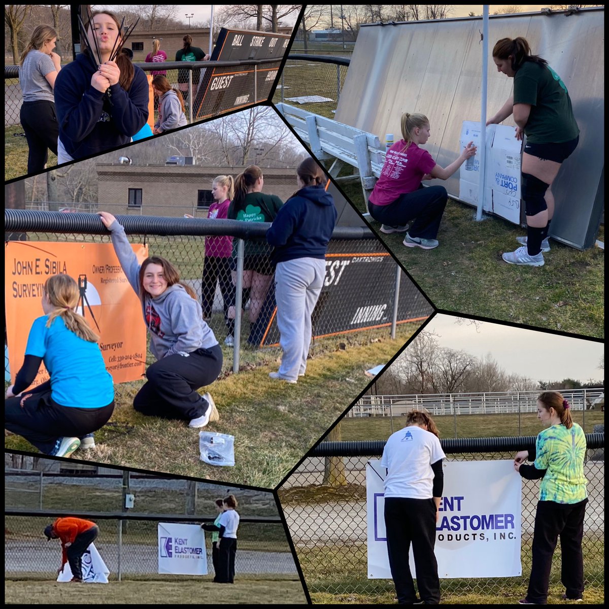 Our softball players worked hard tonight getting the field ready for their season.  They painted foul poles and a flag pole, hung sponsorship banners, cleaned out dugouts and the softball shed.  Every member contributed to helping our part of the park look game ready.