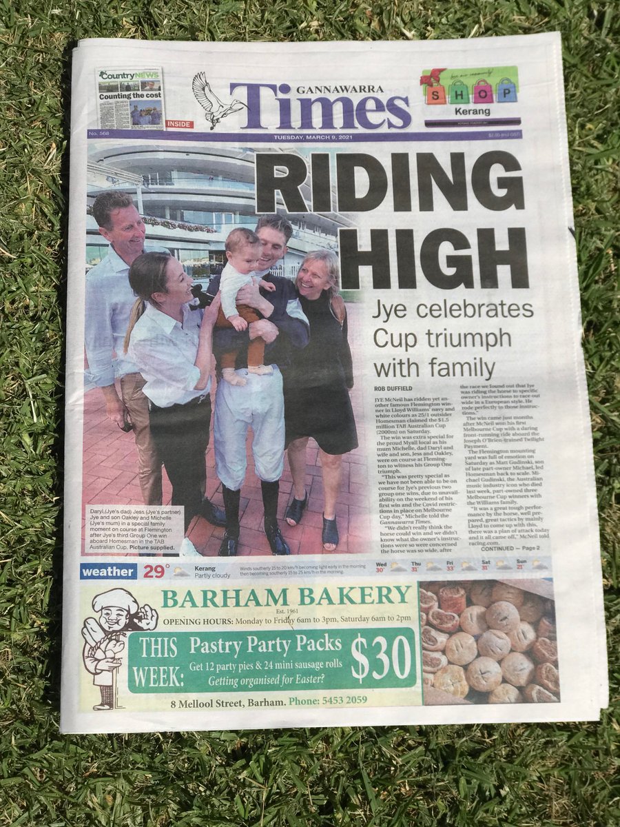 KerangTurfClub's tweet photo. Doesn’t get any better than being featured front page of your local newspaper. #RidingHigh #JyeMcNeil #Family #Homesman #TAB #AustralianCup ⁦@GannawarraTimes⁩ https://t.co/PP3sZu8xbc
