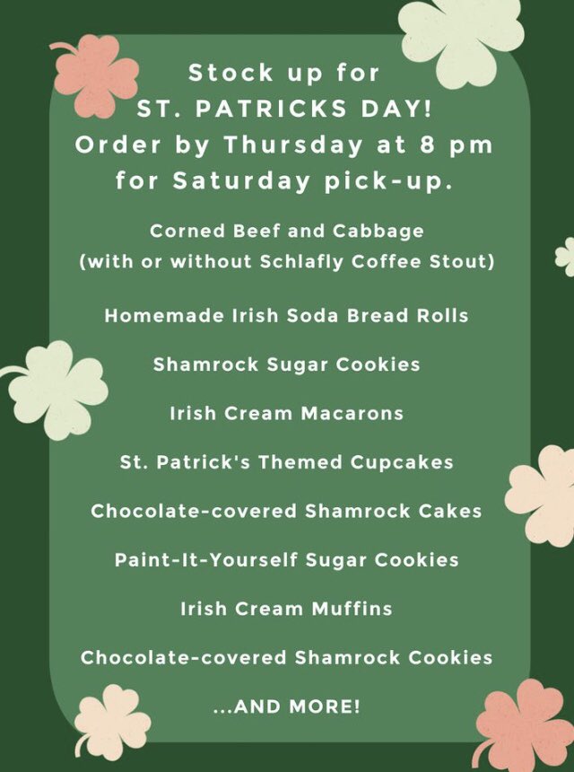 CristaudosCafe's tweet photo. This week, check our our St. Patrick’s Day offerings including corned beef and cabbage and soda bread, as well as our array of soups, quiche, baked goods, gifts much more!  Order by Thursday at 8pm to pick-up on Saturday!  Stock up for the holiday! https://t.co/ysINYTWE11 https://t.co/LzyLG5Eehf