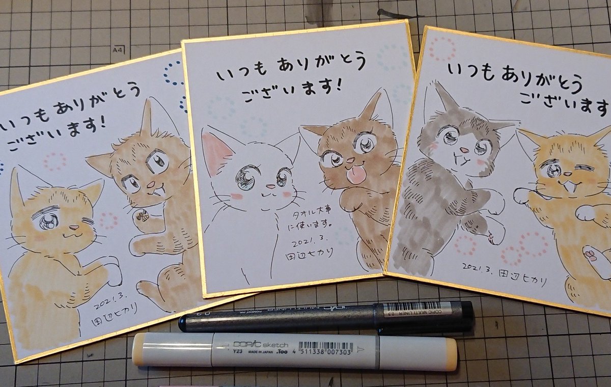 読者さんからのお便りのお返事✒️
猫漫画の読者さんなのでミニ色紙に我が家の猫ズを描かせていただきました?✨ 