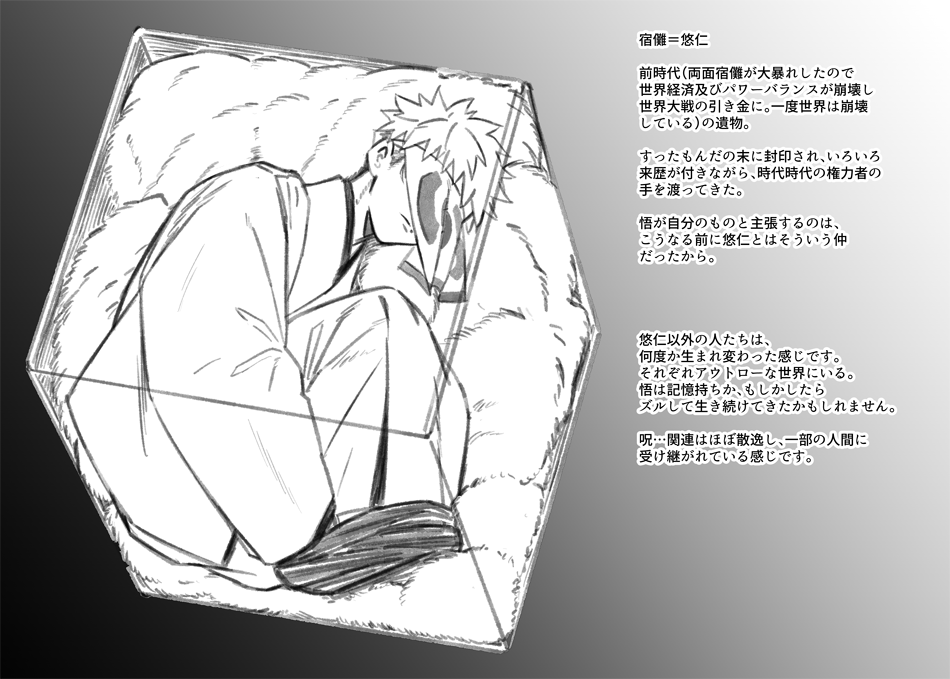 己の中の厨二の魂を鼓舞して書き殴ったなんちゃって世界観な五悠です。安定の描きたい所だけ。海11を視聴してたら、こういう犯罪組織のプロ集団な悟と傑いいなぁと妄想してたらこうなりました…。3枚目になんちゃって設定あります。もう好きに書いてほしい。 