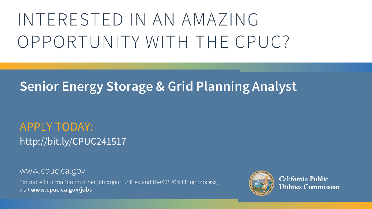californiapuc's tweet photo. We are seeking a Senior Energy Storage &amp; Grid Planning Analyst to support Energy Division on energy storage policy, procurement, distribution resource planning, and other DER procurement projects. Please apply by March 26, 2021: https://t.co/IyQEs2bY9I

#EnergyTwitter #WorkforCA https://t.co/9XVQLbUscG