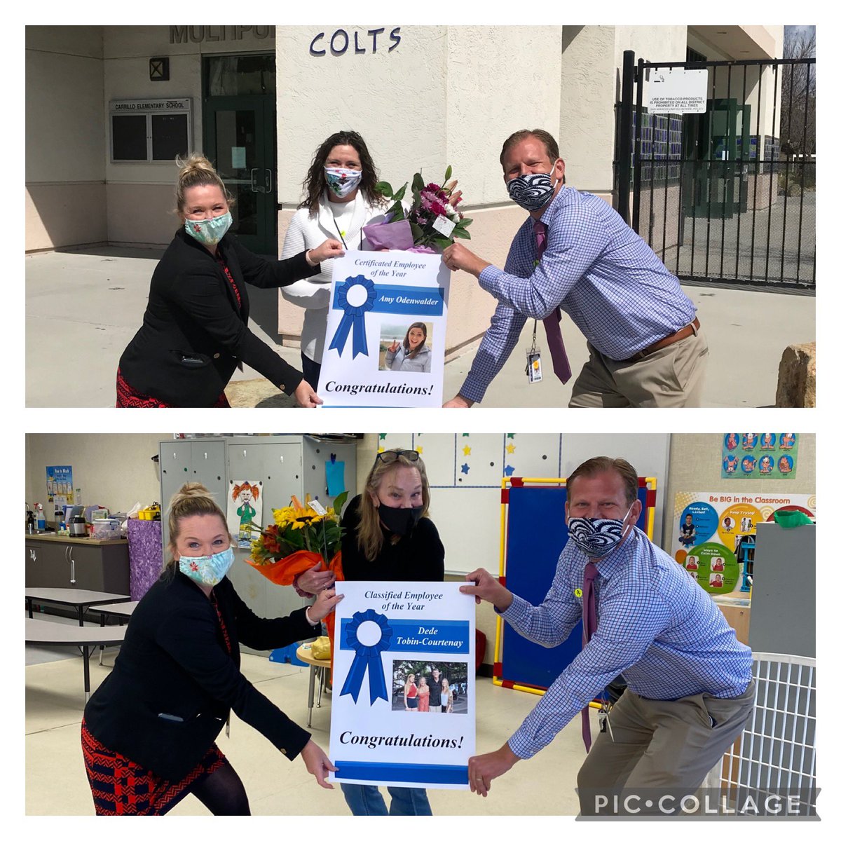 CarrilloElemen1's tweet photo. Check out our Certificated and Classified employees of the year! Congratulations to our fantastic music teacher Mrs. Odenwalder and our amazing preschool aide Ms. Dede! Thank you for your tireless dedication to our students!💙 #carrillocolts @_GaryPope https://t.co/Gm0bYKym6m