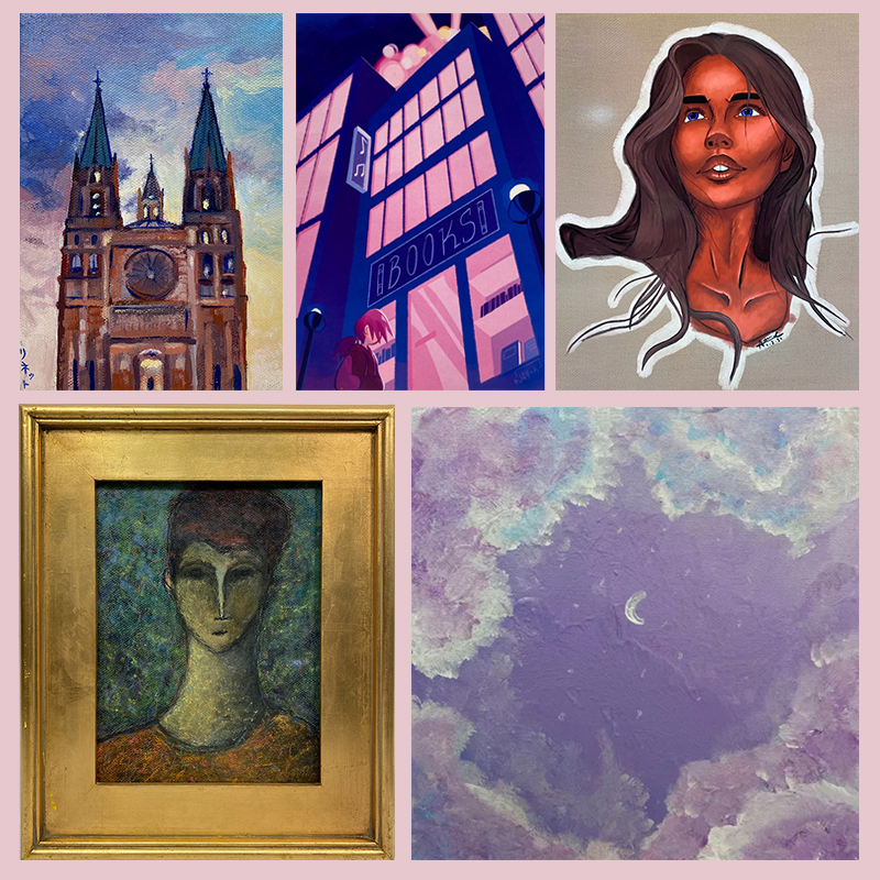 YACstudios's tweet image. Have you made it over to see our virtual Valentine's Day Art Show yet?! bit.ly/3epGryU
Top row:
Cathedral by Bryanna Mendez, A Night Above the City by Joyce Kim, Purple Eyes by Ailani Corona-Miramontes,  
Bottom row:
The Boy by Eden Morillo, Lovely Sky by Sam Boothe