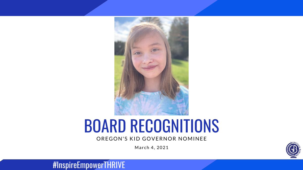 The school board recognized <a href="/DCDK8School/">Deep Creek-Damascus K-8 School</a> student Brennah Rinard, who was one of seven nominees chosen state-wide to make the ballot for @ORKidGovernor 2021! She will serve in the Kid Governor’s cabinet &amp; work on improving air quality in Oregon. Congrats Brennah!