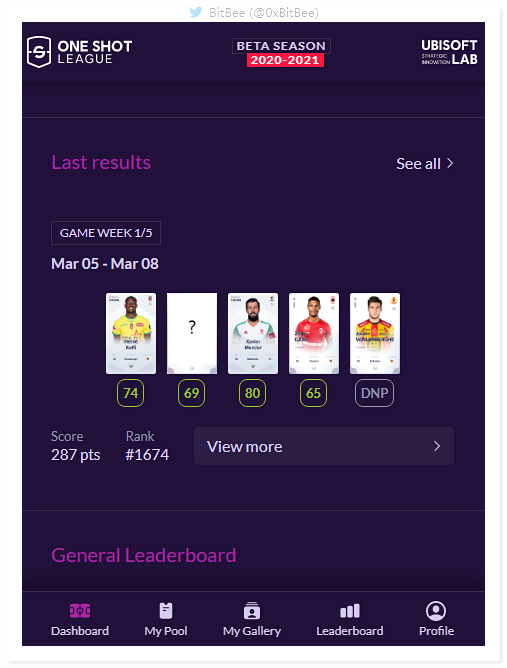 0xBitBee's tweet image. #OneshotLeague⚽️ 
Last week&apos;s game is over. 
I actually got 287 Score😜, great! 
Looking forward to next game week😉.