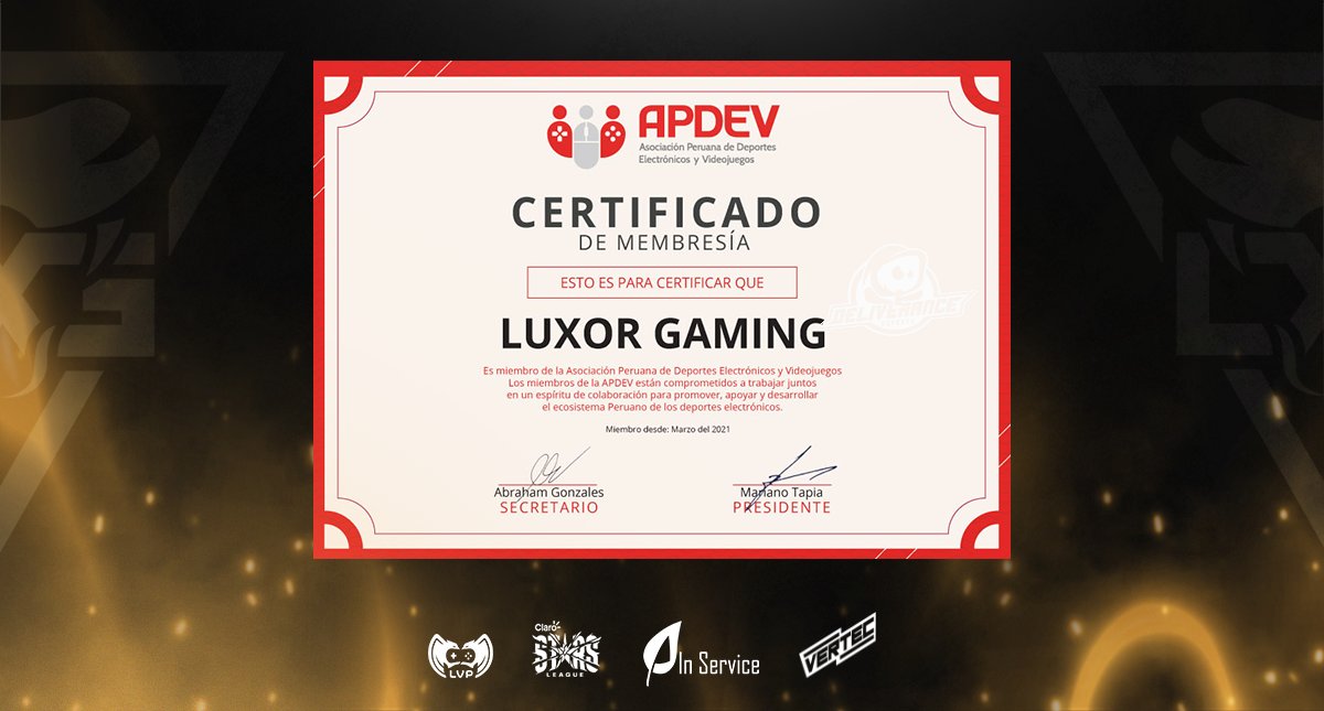 - League of Legends -

En Luxor Gaming estamos enfocados en mejorar la escena competitiva en el Perú.
Es por eso que desde hoy somos parte de la <a href="/APDEVoficial/">APDEV</a>.