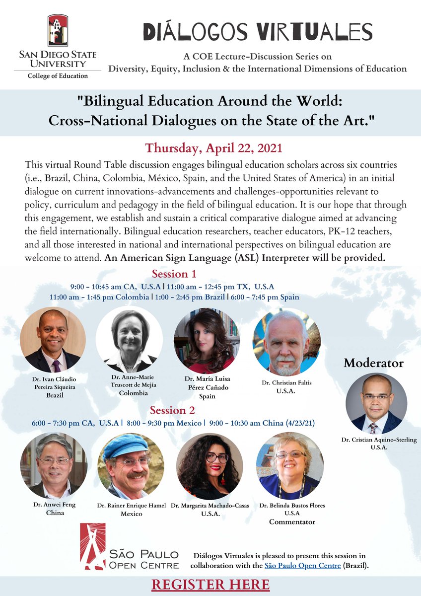 Tuesday, April 22, 2021: 
"Bilingual Education Around the World:
Cross-National Dialogues on the State of the Art."
Register: sdsu.zoom.us/meeting/regist…
<a href="/mcapalliance/">MCAP Alliance</a> <a href="/MEGASDCOE/">Multilingual Education & Global Achievement- SDCOE</a> <a href="/CABEBEBILINGUAL/">CABE</a> @MET_SCCOE <a href="/MultilingualCA/">CA Multilingual Education</a> @MultistateMABE @ATDLE1 <a href="/NABEorg/">NABE- National Association for Bilingual Education</a>