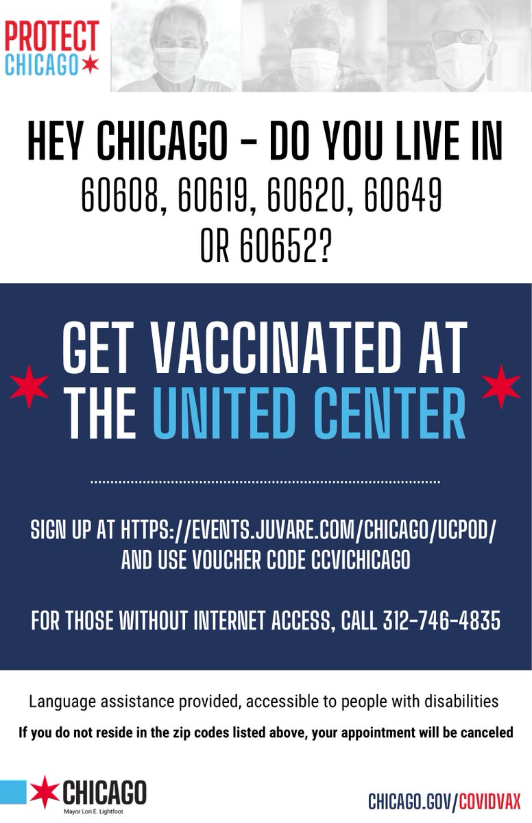 IllinoisUnidos's tweet photo. 📢 SPECIAL VACCINATION WINDOW 🚨 @UnitedCenter site TODAY (3/10/21) through March 17th: Anyone living in the following zip codes can get vaccinated:
▫️ 60608
▪ 60619
▫️ 60620
▪ 60649
▫️ 60652

APPOINTMENT Required: https://t.co/7o2nfPAYX7
   𝗩𝗼𝘂𝗰𝗵𝗲𝗿 𝗖𝗼𝗱𝗲: CCVICHICAGO https://t.co/81gsvCg3GK