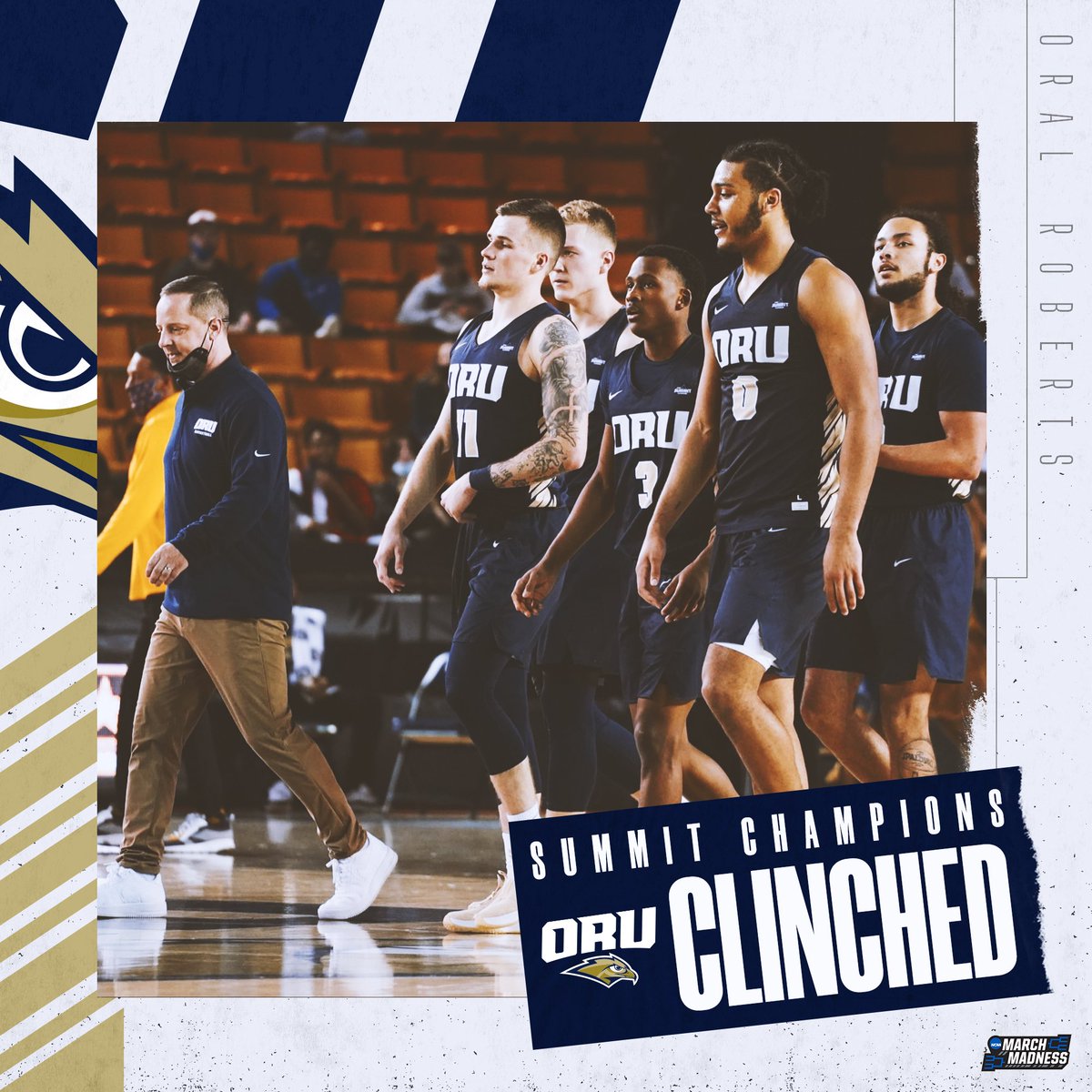 MarchMadnessMBB's tweet photo. LET’S DANCE, ORU! 🕺

The Oral Roberts Golden Eagles are soaring into #MarchMadness for the first time since 2008 after winning the Summit League Championship! https://t.co/s8MpUDVicM