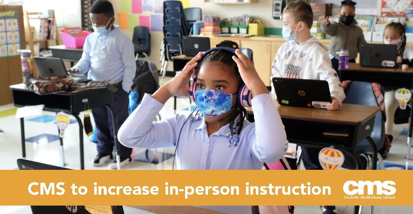CharMeckSchools's tweet photo. The Charlotte-Mecklenburg Board of Education voted March 9 to increase in-person instruction time for students whose families have elected that option, beginning as early as March 15. Learn more: https://t.co/aW587Cgroy https://t.co/f9Y6b8JYKJ