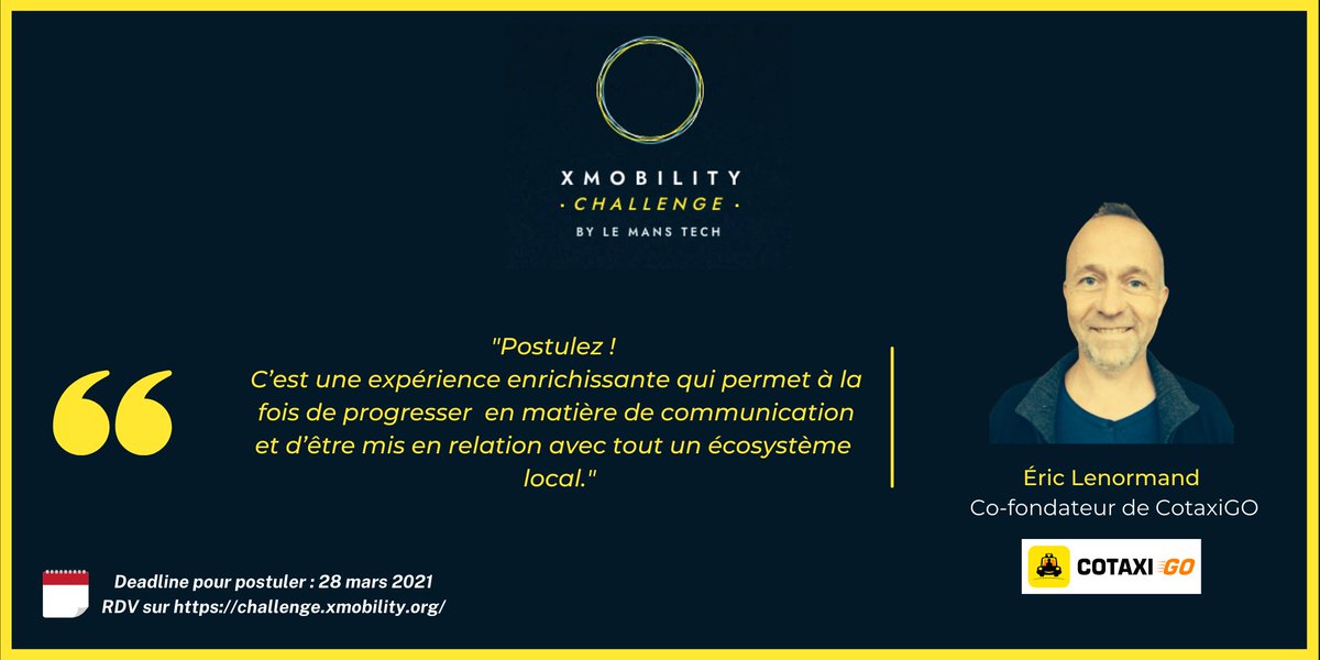 Avis aux startups #mobilité et #cleantech : vous avez jusqu'au 28/03 pour postuler à la saison 2 de l'accélérateur #XMobilityChallenge de <a href="/LeMansTech1/">Le Mans Tech</a>.

Des questions sur le programme ?

🗓 RDV le 17 mars à 18h pour poser toutes vos questions en direct : urlr.me/RTWzQ