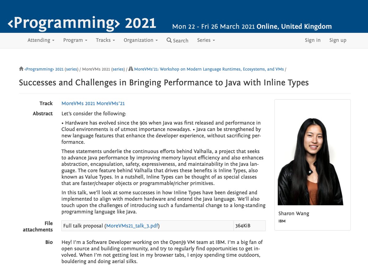 MoreVMs's tweet image. "Successes and Challenges in Bringing Performance to Java with Inline Types" – Sharon Wang (@_sharonwang). #talk @MoreVMs/#prog21
➡️ 2021.programming-conference.org/details/MoreVM…
