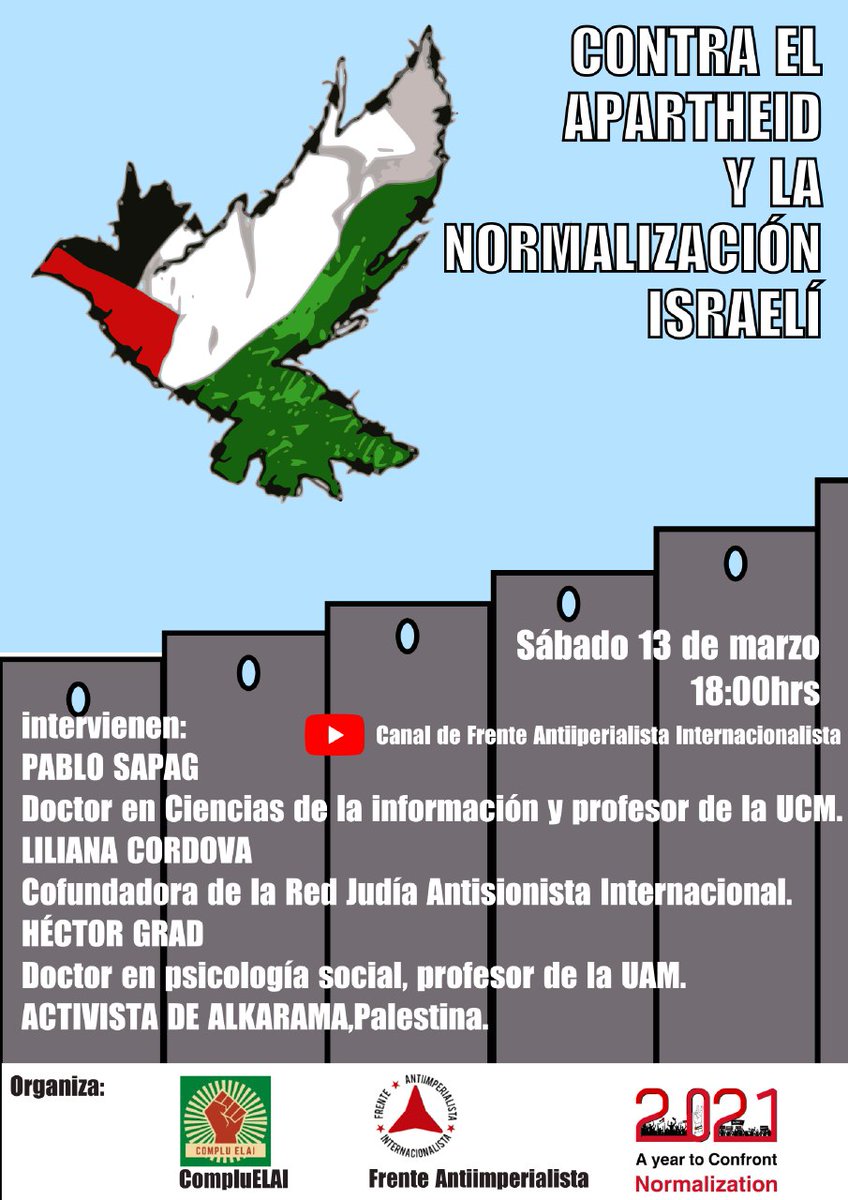 No os perdáis este sábado la charla de <a href="/compluelai/">Complu ELAI</a> contra el apartheid y la normalización israelí.

➡️ SÁBADO 13 a las 18:00h 

¡VIVA PALESTINA LIBRE! ✊
