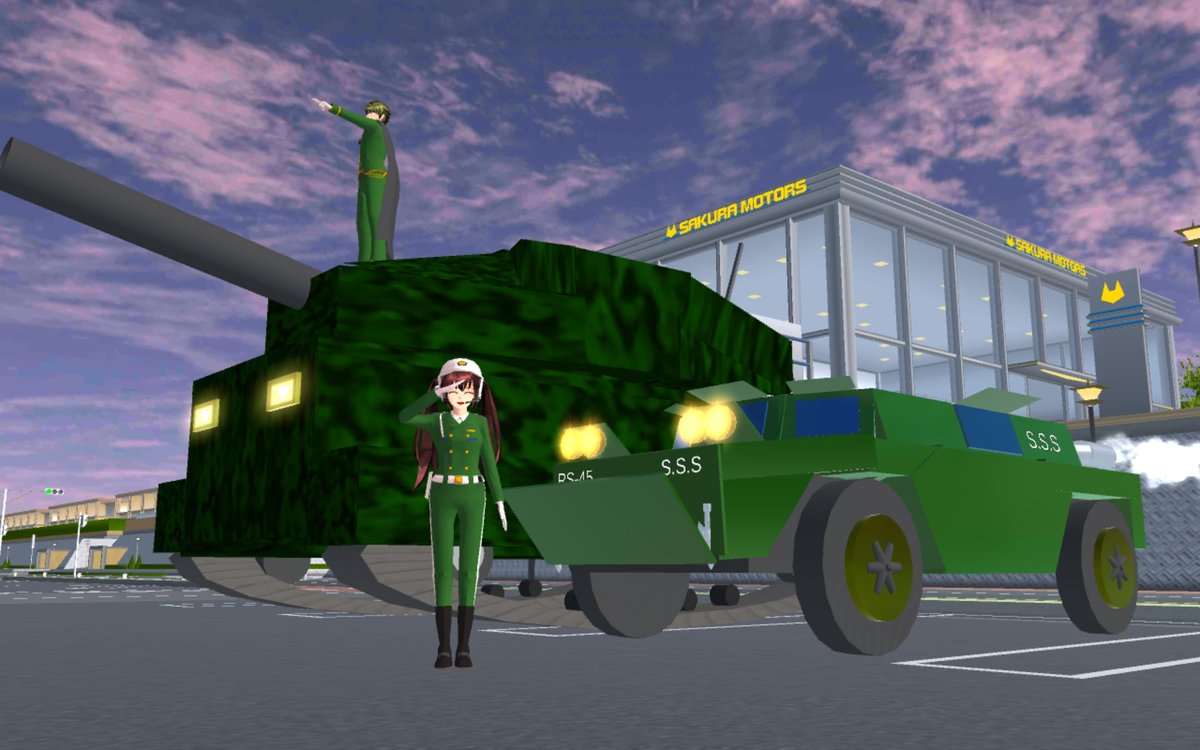 Murchielago1's tweet photo. #サクラスクールシミュレーター
やまたろさんの装甲車の隣に自作の戦車置いてみた（笑）😎
小道具の設置数に余裕があれば追加ダウンロードしてこんな事もできるのかw😊 https://t.co/302bZzihL2