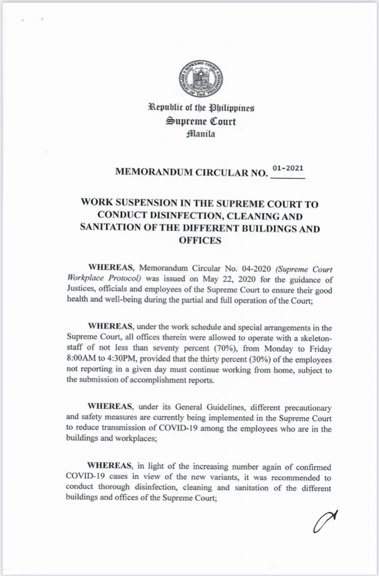 SCPh_PIO's tweet photo. Chief Justice Diosdado M. Peralta suspends work in the Supreme Court from March 11 to 14, 2021 as the different buildings and offices undergo disinfection. READ Memo Circular No. 01-2021 https://t.co/rFsfMdsAkL