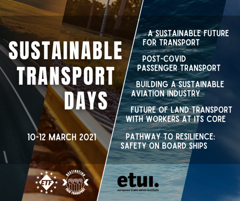 ETUI_org's tweet photo. Tune in for the ETF-ETUI event #SustainableTransportDays. A three-day event with an exceptional lineup focusing on #FairTransport #EUMobilityStrategy 
More info &amp; registrations ➡️https://t.co/T9T2QCayNp https://t.co/KrBCOsdmhv