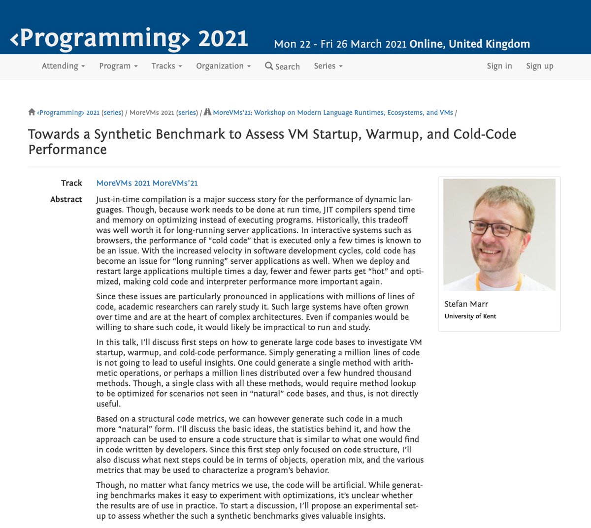 MoreVMs's tweet image. "Towards a Synthetic Benchmark to Assess VM Startup, Warmup, and Cold-Code Performance" – Stefan Marr (@smarr). #talk @MoreVMs/#prog21
➡️ 2021.programming-conference.org/details/MoreVM…