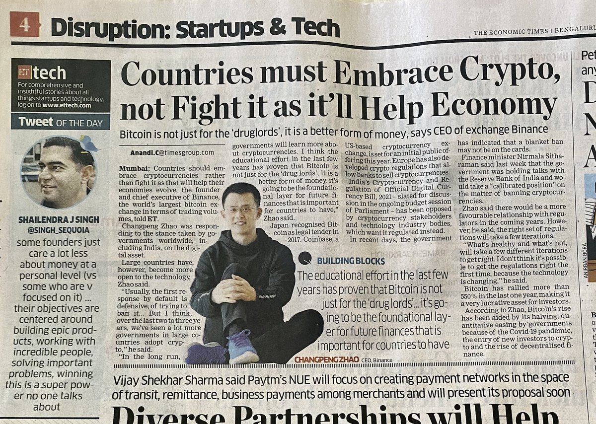 binance's tweet image. .@cz_binance is featured on @EconomicTimes today 📰

&quot;Educational effort in the last few years has proven that #Bitcoin is not just for the &apos;drug lords’ ... It&apos;s going to be the foundational layer for future finances that is important for countries to have.”