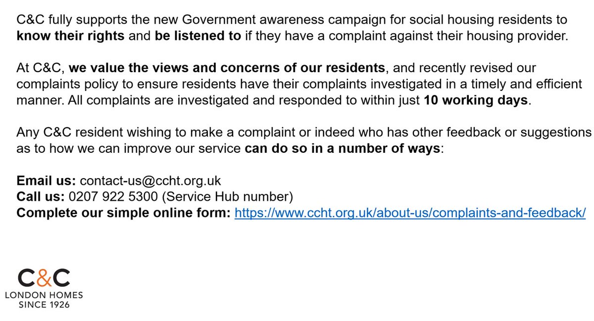 C&C wholeheartedly supports the new Government social housing complaints awareness campaign #MakeThingsRight (…cialhousingcomplaints.campaign.gov.uk):