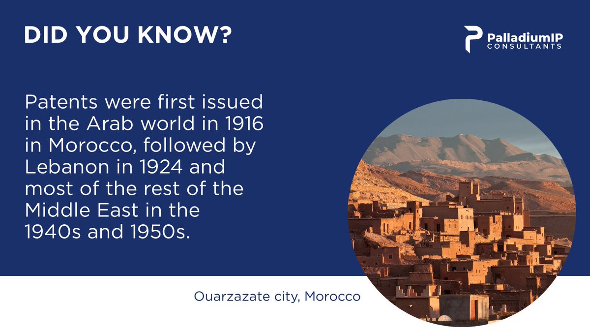 PalladiumIP's tweet photo. Did you know?
Patents were first issued in the Arab world in 1916 in Morocco, followed by Lebanon in 1924 and most of the rest of the Middle East in the 1940s and 1950s.
#intellectualproperty #iplawyer #ipfirm #patents #patentlawyer #patentfirm #patentattorney #patentpending https://t.co/gh47OdEm9G