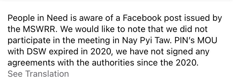 A group of international NGOs release statements refuting a claimed meeting with the junta’s ministry of social welfare