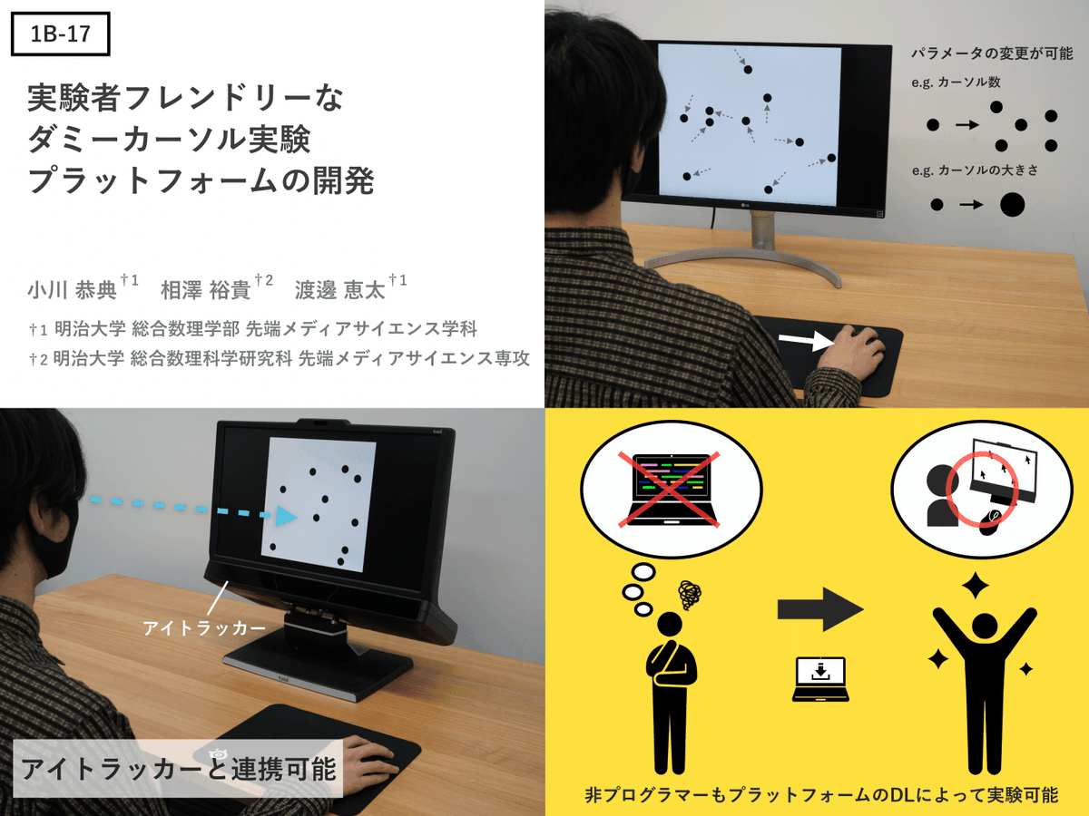 gao_gao901's tweet photo. 今日の午後の1B-17にてインタラクティブ発表をします！
実験者にとって使いやすいプラットフォームを、ダミーカーソル実験を題材に作成しました！
どんなプラットフォームが使いやすいかについて議論します
よろしくお願いします！
#インタラクション2021 #i2021 https://t.co/iGNqWwAq7y