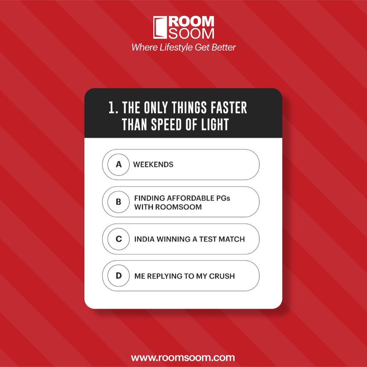 roomsoomindia's tweet photo. So, here we have come up with a question for you! Which one do you think is a right option? Well, besides (B), you must have gone through them all. To try the 2nd one, call us at +91-8810107070! Tell us your answer in the comment section below!
#Roomsoom #affordablepg #quiz https://t.co/DmNwBYttSd