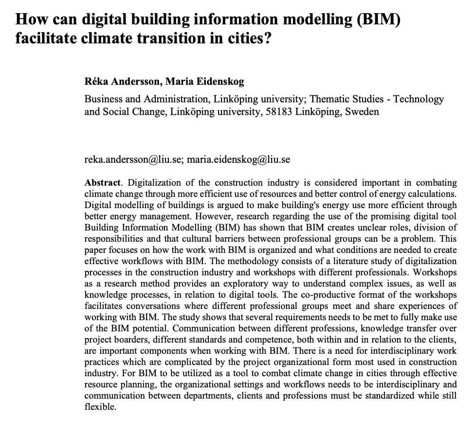 #FEKpub2020 throwback:
Reka Andersson’s conference paper “How can digital building information modelling (BIM) facilitate climate transition in cities?”, co-authored with Maria Eidenskog (<a href="/Tema_T_Eng/">Tema_T_Eng</a>) is available open access: iopscience.iop.org/article/10.108…