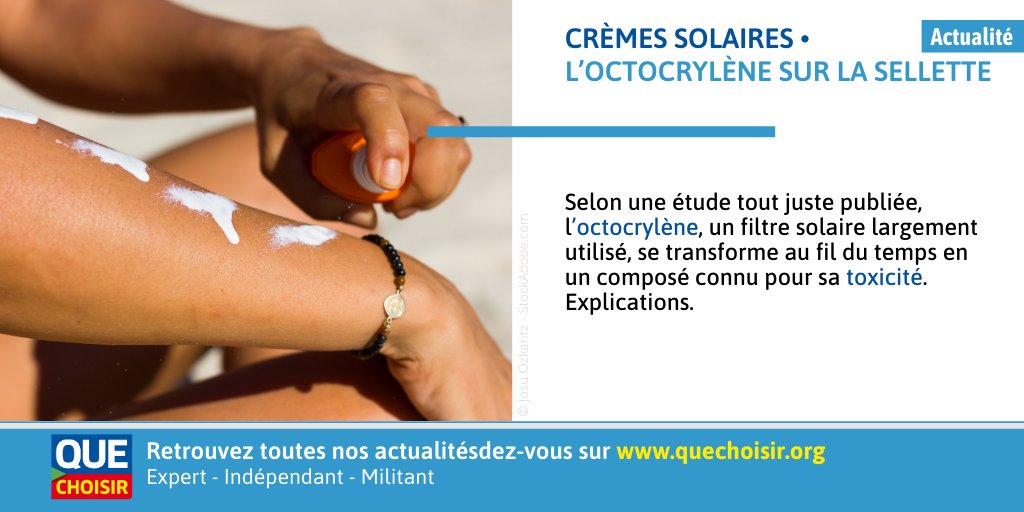 UFCquechoisir's tweet photo. #Octocrylène dans les #crèmes #solaires et produits #antiâge : une étude publiée par la revue scientifique Chemical Research in Toxicology laisse entrevoir un #effet #indésirable qui n’avait pas été étudié jusqu’à présent.
👉 https://t.co/BHjx8px3pk

#santé #cosmétiques https://t.co/iXs2lD58Aq