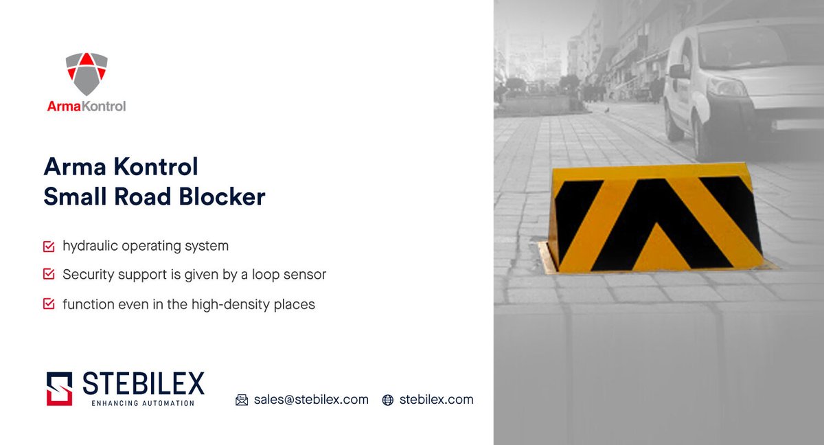 StebliexSystems's tweet image. Road blockers are used in government building premises, embassies, military facilities, oil refineries, airports etc. where controlled and safe vehicle entry and exit are required.  #ArmaKontrol #Roadblocker #vehicle #security #Stebilex #UAE #Qatar
Reach us: sales@stebilex.com