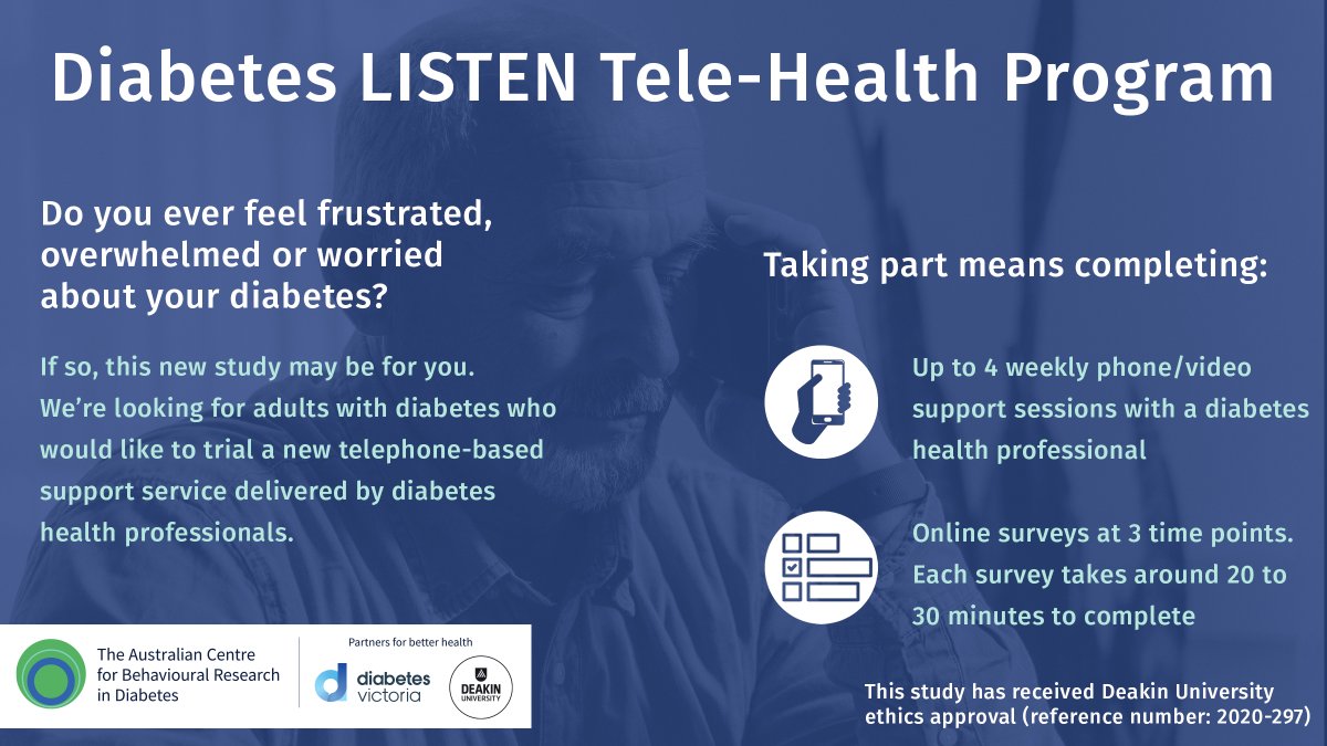DiabetesVic's tweet image. Take part in the #DiabetesLISTEN study and help the @ACBRD trial a new support program for people living with #diabetes! Diabetes LISTEN is a #supportprogram delivered by @DiabetesVic health professionals via #phone or #videocall. Participate now: bit.ly/diabetesLISTEN